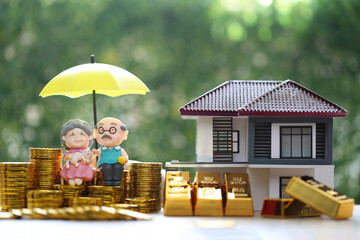 Mutual fund,Love couple senior with gold coin money and gold bar on natural green background, Save...