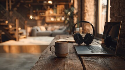A cozy workspace featuring a laptop headphones and a mug on a wooden desk in a warmly lit room setting