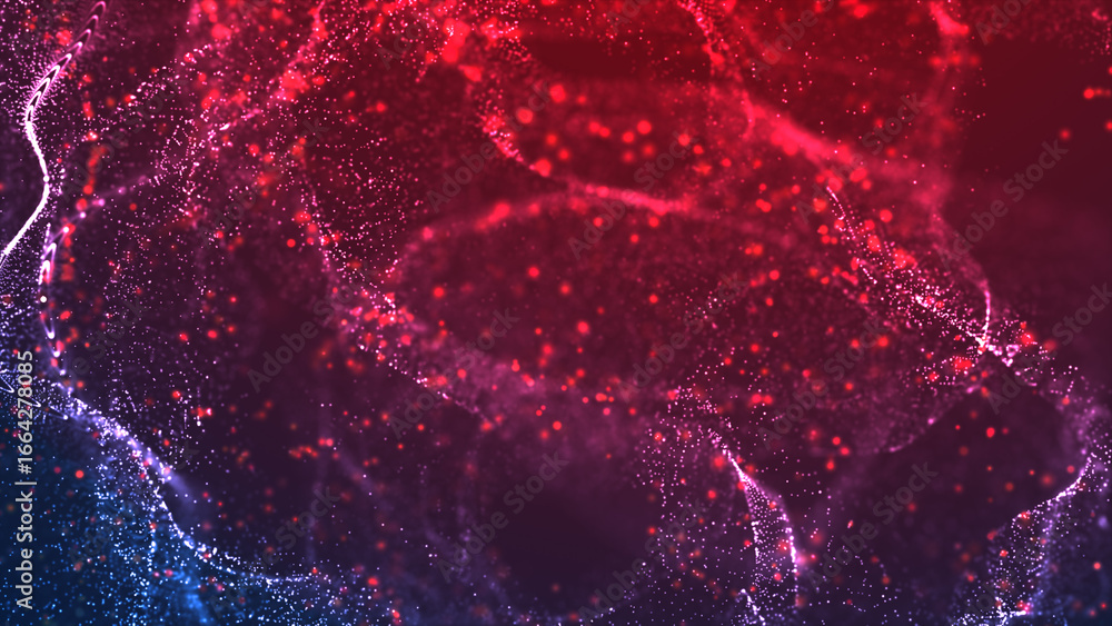 Poster dynamic abstract particle wave with glowing red and blue dots, suitable for technology, science, or 