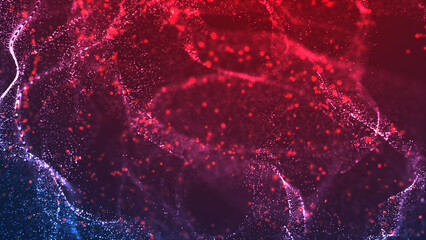 Dynamic abstract particle wave with glowing red and blue dots, suitable for technology, science, or...