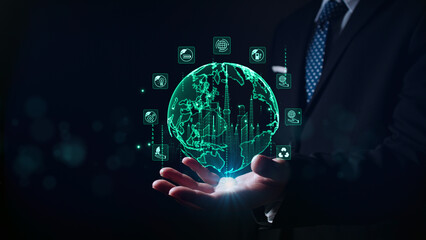 Digital green globe with ESG and smart city icons in businessman’s hands, symbolizing sustainable...