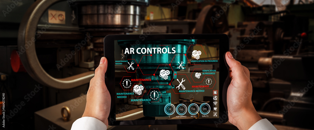 Poster engineer use augmented reality software in smart factory production line with automated application 