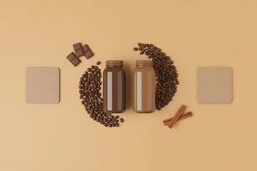 Coffee Beverage Bottles with Beans on a Beige Surface