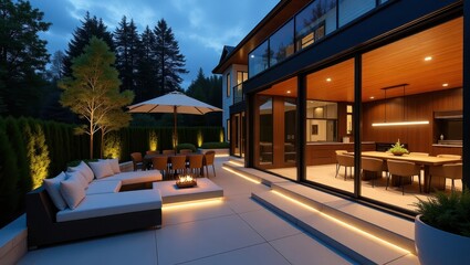 Modern outdoor patio area with a contemporary home at twilight, featuring stylish furniture, lighting, and a large dining space visible through expansive windows.