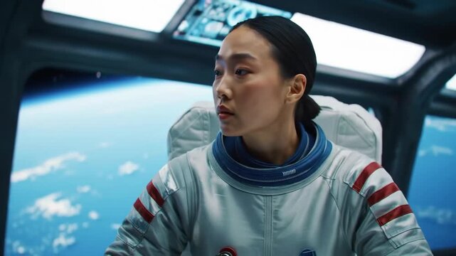 Astronaut floating in zero gravity inside a futuristic space statio