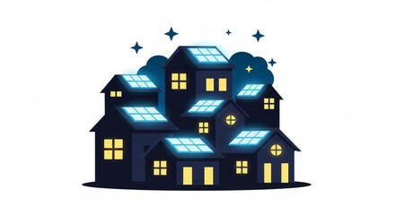 Solar panel energy efficient homes in community at night with stars and clouds design vector art
