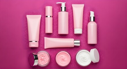 Naklejka premium Minimalist Pink Cosmetic Product Shot of Various Bottles, Tubes, and Jars on Magenta Background isolated PNG with Transparent Background