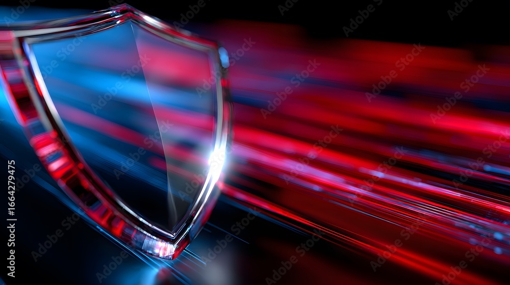 Poster a translucent shield with a reflective surface set against a dynamic background of red and blue stre