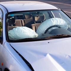 Obraz premium Car accident with deployed airbags illustrating the aftermath of a vehicle collision and the importance of safety features and road safety awareness
