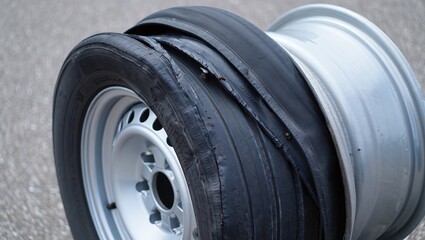 Close up of a damaged tire on a silver rim illustrating tire failure and automotive problems on asphalt surface