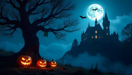 Happy Halloween! A gnarled, ancient tree stands menacingly before a gothic castle under a moonlit, dark blue sky. Carved pumpkins glow with eerie light at its base. A single bat flies across the scene