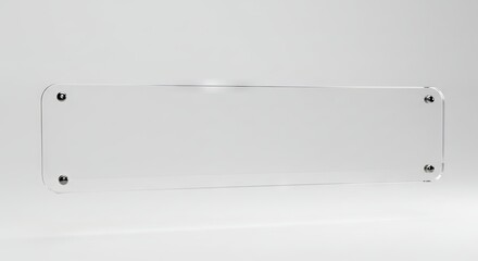 Rectangular clear acrylic sign with rounded corners mounted on wall with metal standoffs