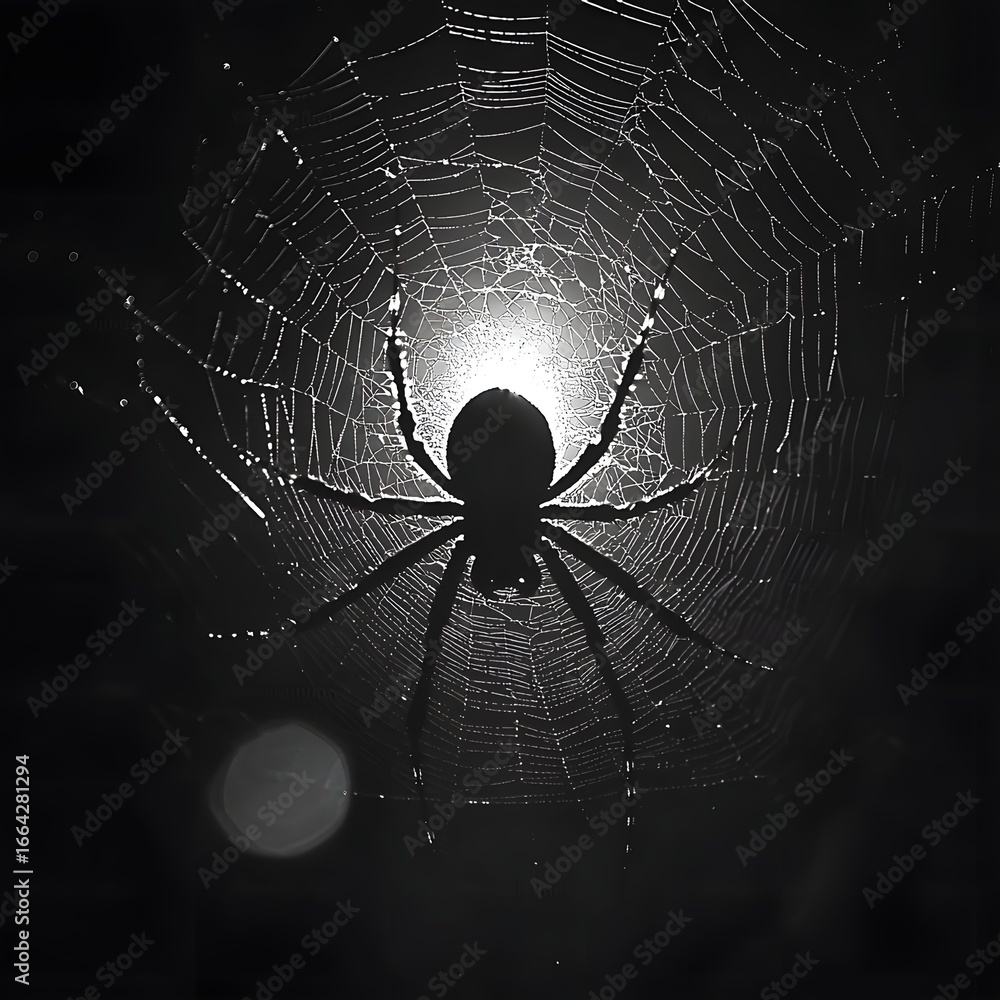 Poster a spider s intricate web in the shadows illuminated by the faint light