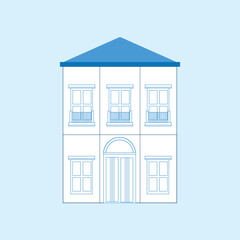 Illustration of a classic two-story building with symmetrical windows and a blue triangular roof, in an elegant modern minimalist style.