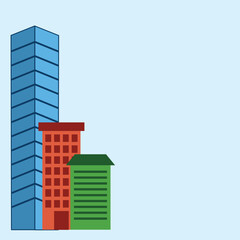 Ilustrasi gedung bertingkat tinggi biru dengan bangunan merah dan hijau di sampingnya, bergaya minimalis modern.