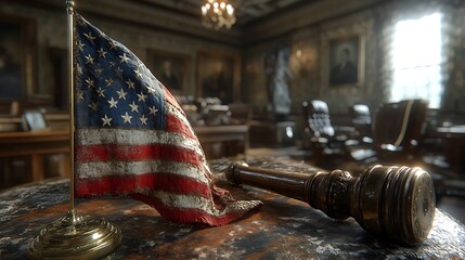 Gavel and US Flag in Courtroom.