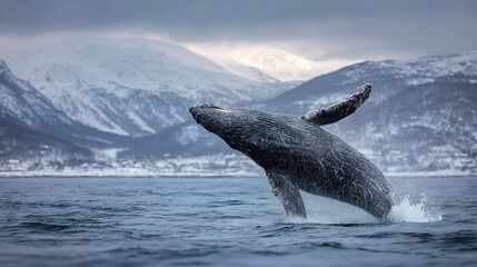 Naklejka premium A majestic humpback whale soaring through azure waters, breaching before a snow-capped mountain range