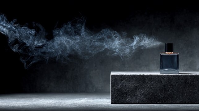 Perfume bottle sprays scent on a stone block against dark smoky backdrop