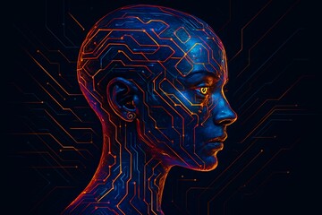 A human head profile with an exposed brain made of glowing circuit board lines, a concept exploring artificial intelligence, neuroscience, and digital consciousness