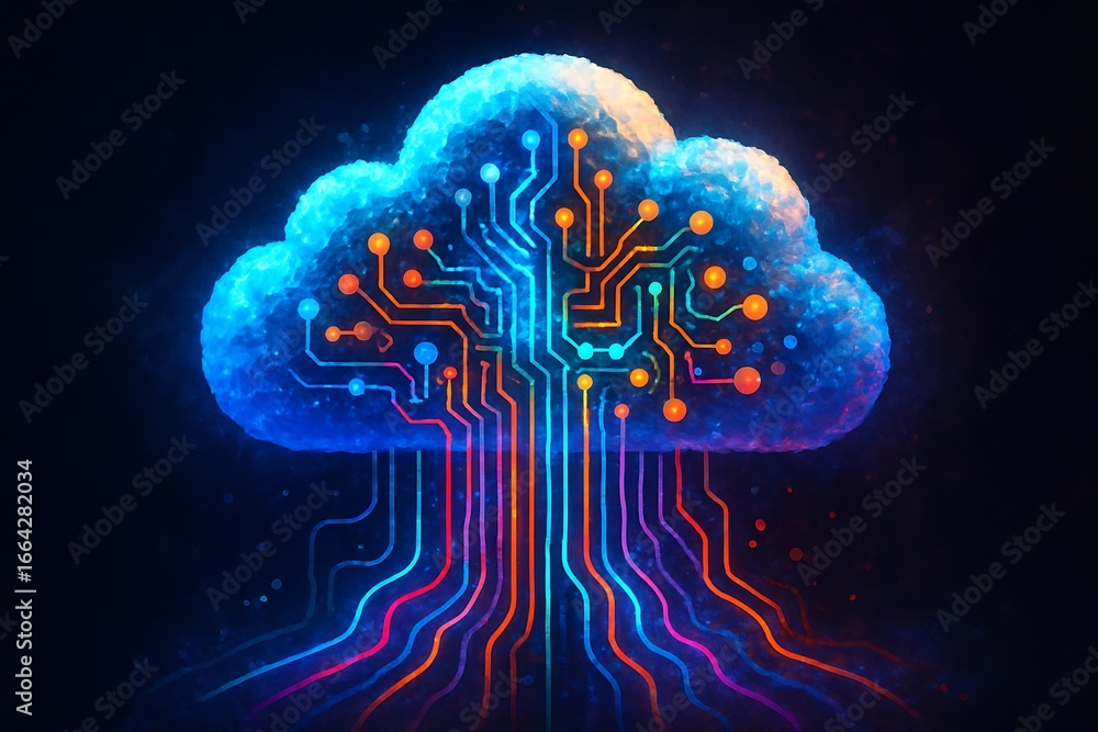 Poster a glowing cloud with a colorful circuit board brain and radiating data lines, a concept illustrating