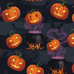 Seamless Pattern, Spooky Halloween seamless pattern with pumpkins, cauldrons and bats illustration Stock royalty free  image.