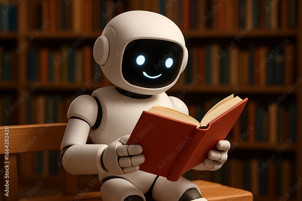 Poster a happy humanoid ai robot is sitting in a library reading a book, learning and studying new data and