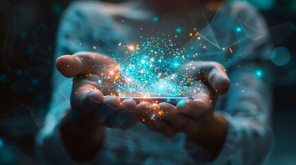 Underwater world technology innovation with a magical glowing blue sphere and a businessman's hand