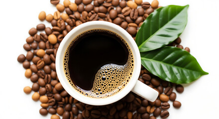 Aromatic black coffee in a white cup surrounded by coffee beans and leaves
