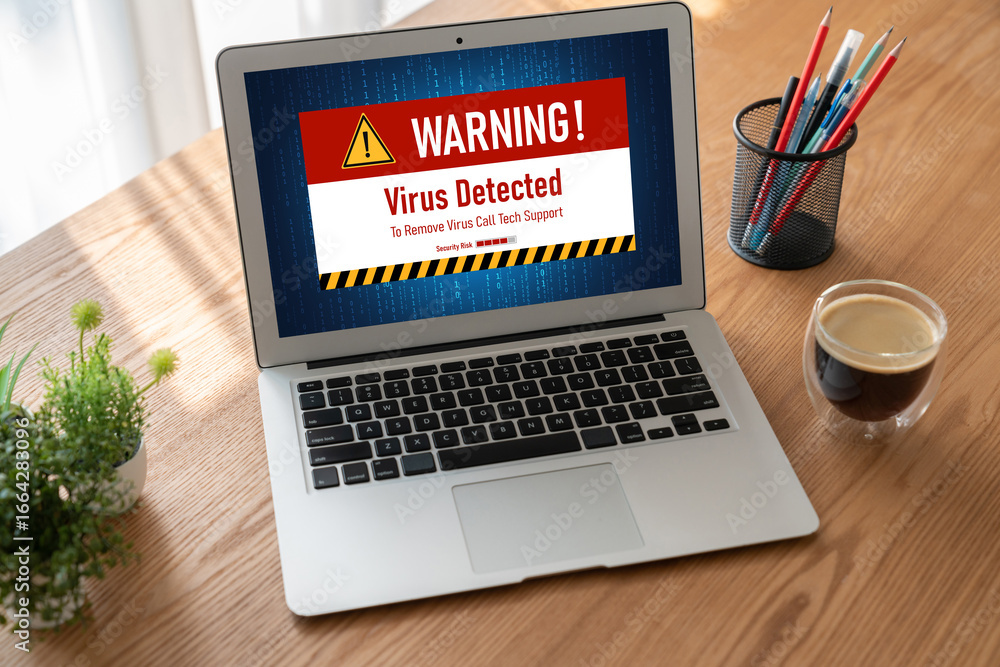 Poster virus warning alert on computer screen detected modish cyber threat , hacker, computer virus and mal