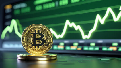3D Render of Bitcoin with Golden Metallic Shine on Financial Dashboard and Upward Stock Market Graph