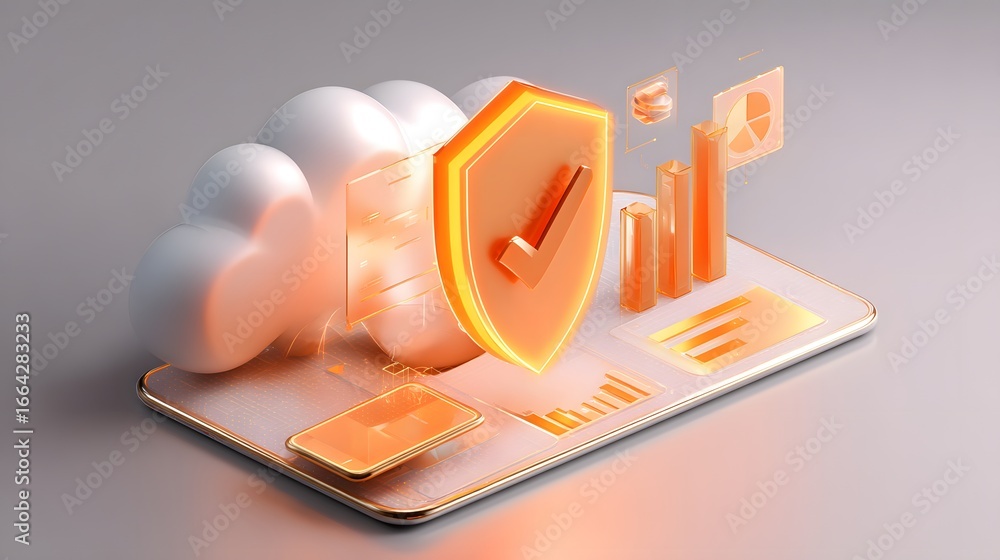 Poster digital security concept with shield and clouds on a smartphone interface