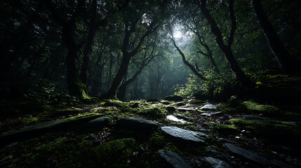 Fototapeta premium Moonlit Enchanted Forest — Mystical Dark Woods with Moss and Shadows
