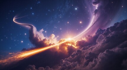 Beam of Cosmic Light Piercing Through Galactic Clouds into Starry Sky