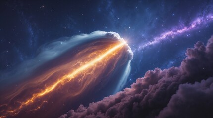 Beam of Cosmic Light Piercing Through Galactic Clouds into Starry Sky