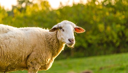 Fototapeta premium A close-up of a serene white sheep standing in a grassy field bathed in golden sunlight, showcasing its textured coat and gentle expression.