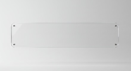 Rectangular transparent plaque mounted on a white wall with metal bolts at each corner