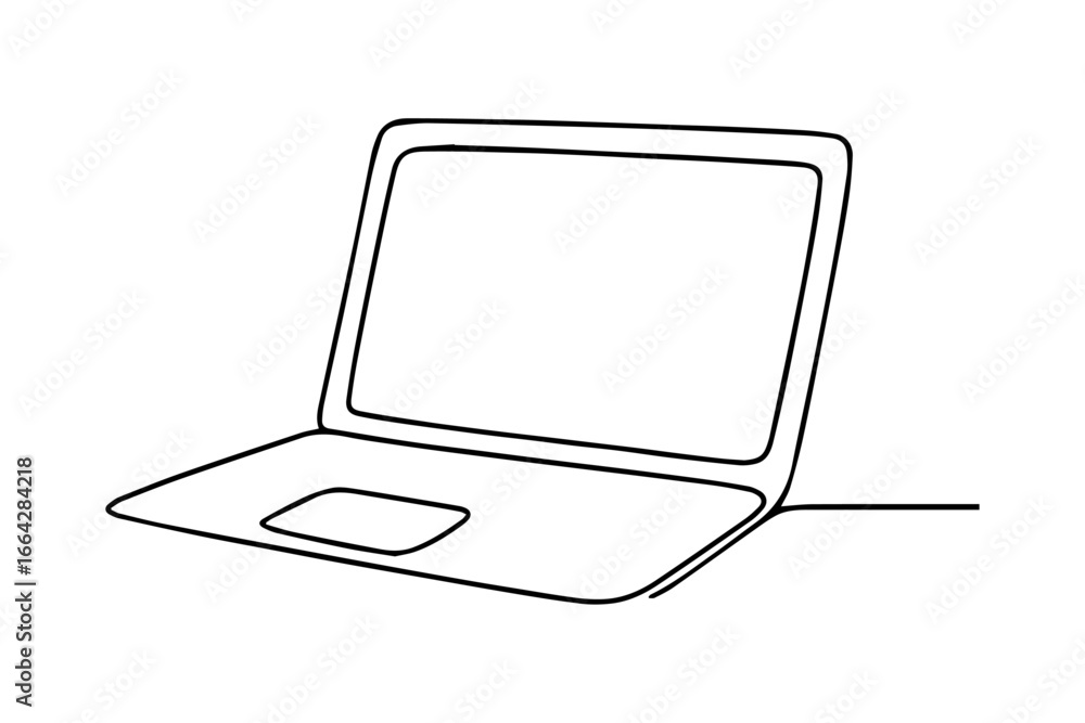 Poster laptop computer with blank screen, open laptop icon in continuous line – minimalist digital device s