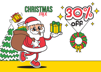 Cartoon Santa Claus carrying a sack of gifts for a 30 percent off Christmas sale. Holiday promotion concept