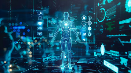 Fototapeta premium Futuristic AI medical hologram with digital human anatomy and advanced healthcare technology interface