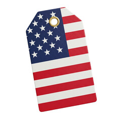 Fototapeta premium A 3d rendered american flag price tag, featuring red and white stripes with a blue field of stars and a gold grommet, ideal for patriotic sales or product labeling.