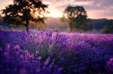 Fototapeta premium Purple Lavender Field At Sunset