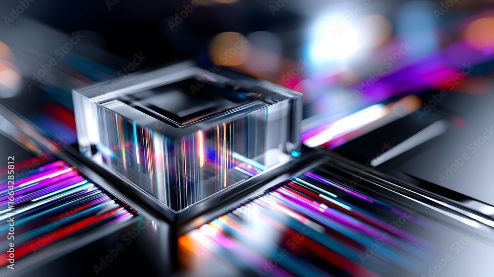 Poster a transparent cube with vibrant, multicolored light streaks in a futuristic setting