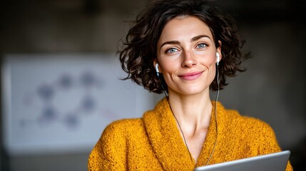 Confident Woman in Cozy Yellow Sweater Using Tablet and Headphones in Modern Workspace