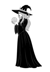 Vector Illustration of a Witch holding a Crystal Ball in an Elegant Monochrome Style with Black and White Palette