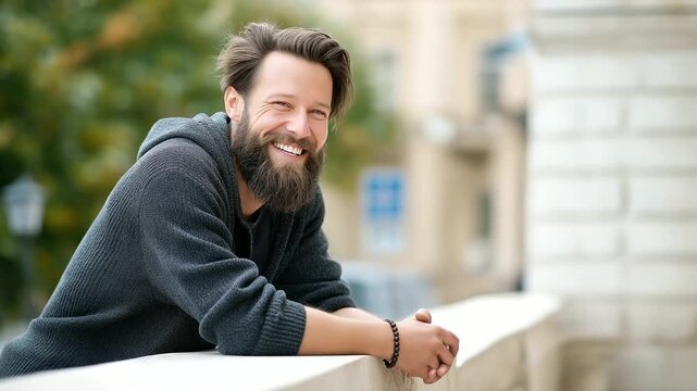 A bearded man smiling by a parapet in soft light