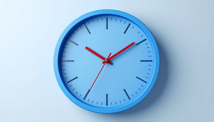 A light blue round clock with red hands shows the time against a pale blue background