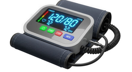 Digital blood pressure monitor displaying 120 over 80 with cuff attached transparent background