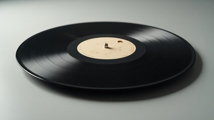 A vintage vinyl record rests on a light gray surface, showcasing its black lacquer and cream-colored label.