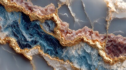Fototapeta premium Blue, gold, and white swirls and streaks adorn a marbled painting in this close-up photograph