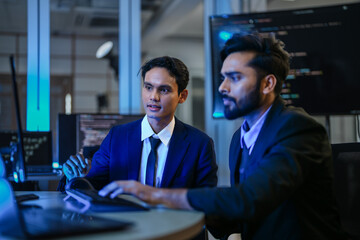 diverse AI developers collaborate in a late-night coding session. A senior engineer mentors his colleague as they program a complex machine learning algorithm together.